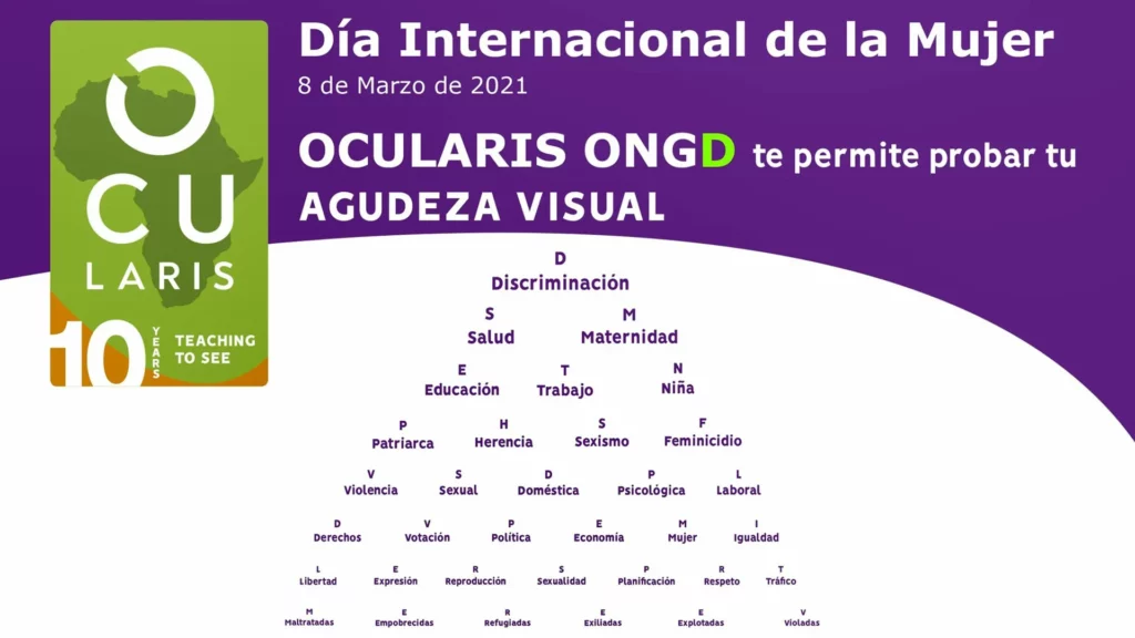 Cartell d'OCULARIS pel Dia Internacional de la Dona 2021 amb un optotip de paraules