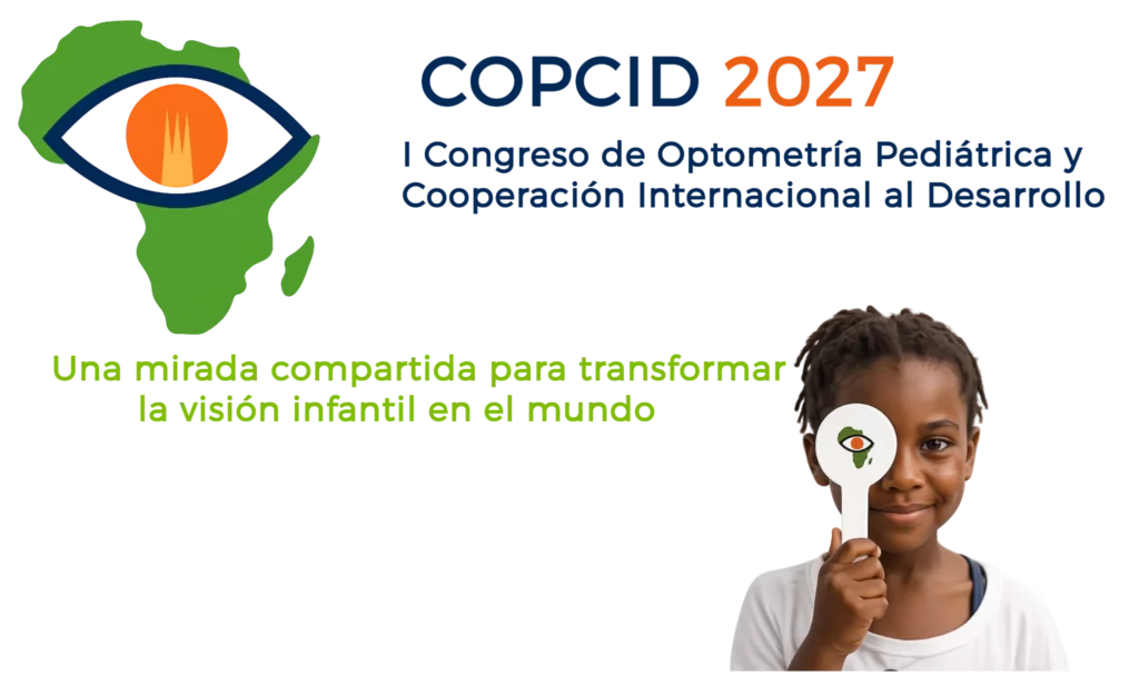 COPCID 2027, I Congreso de Optometría Pediátrica y Cooperación Internacional al Desarrollo: logotipo del congreso y una niña que se tapa un ojo con un oclusor.