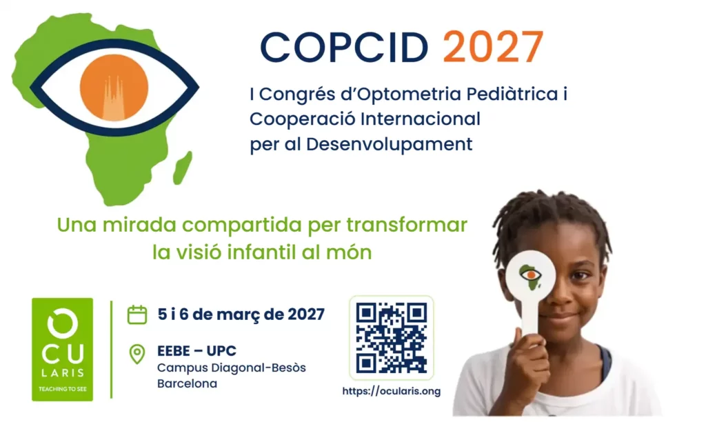 COPCID 2027. I Congrés d'Optometria Pediàtrica i Cooperació Internacional per al Desenvolupament. Una mirada compartida per transformar la visió infantil al món. 5 i 6 de març de 2027, EEBE-UPC, Campus Diagonal-Besòs, Barcelona. Logotips del congrés i d'OCULARIS, codi QR a ocularis.ong i una nena que es tapa un ull amb un oclusor.
