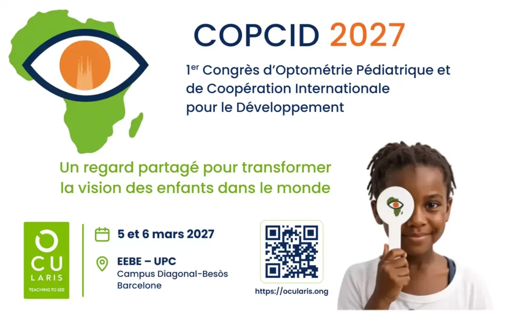 COPCID 2027. 1er Congrès d'Optométrie Pédiatrique et de Coopération Internationale pour le Développement. Un regard partagé pour transformer la vision des enfants dans le monde. 5 et 6 mars 2027, EEBE-UPC, Campus Diagonal-Besòs, Barcelone. Logos du congrès et d'OCULARIS, code QR vers ocularis.ong et une fillette qui se couvre un œil avec un occluseur.